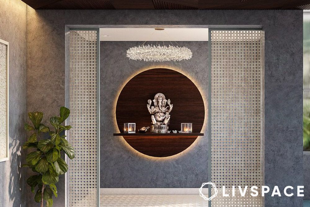 Pooja room divider ideas with woven sliding door partition