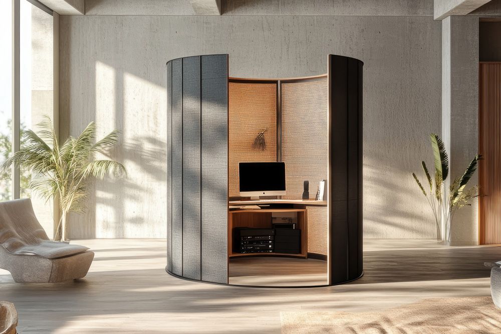 Room divider ideas for home office with an acoustic enclave
