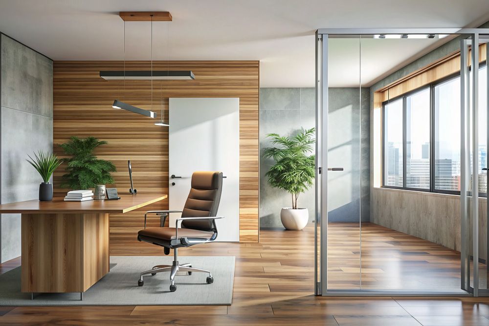 Room divider ideas for home office with sliding glass door and silver handles