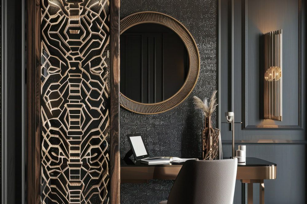 Room divider ideas for home office with gold patterned CNC cut screen