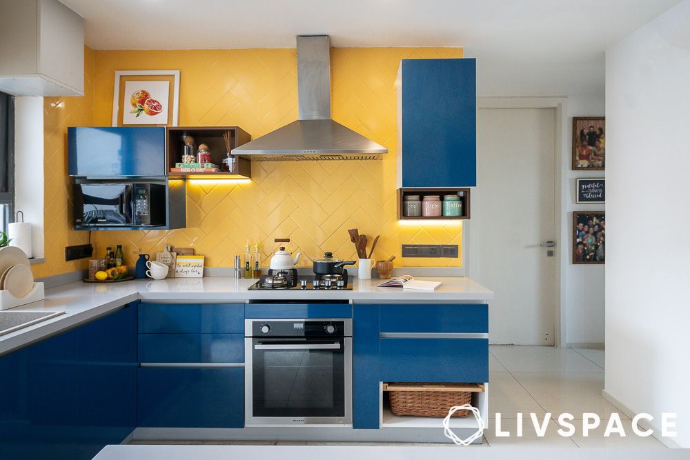 blue and yellow colour kitchen