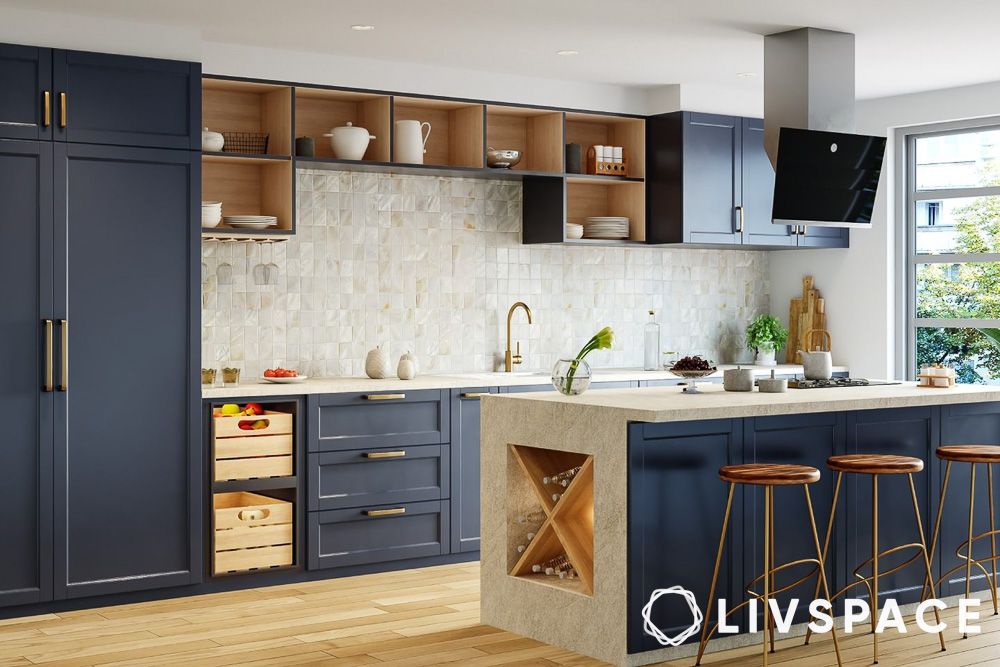 a kitchen island with a wine rack