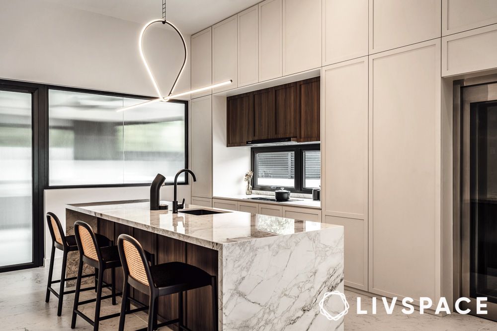 acrobatic lighting above a modern kitchen island