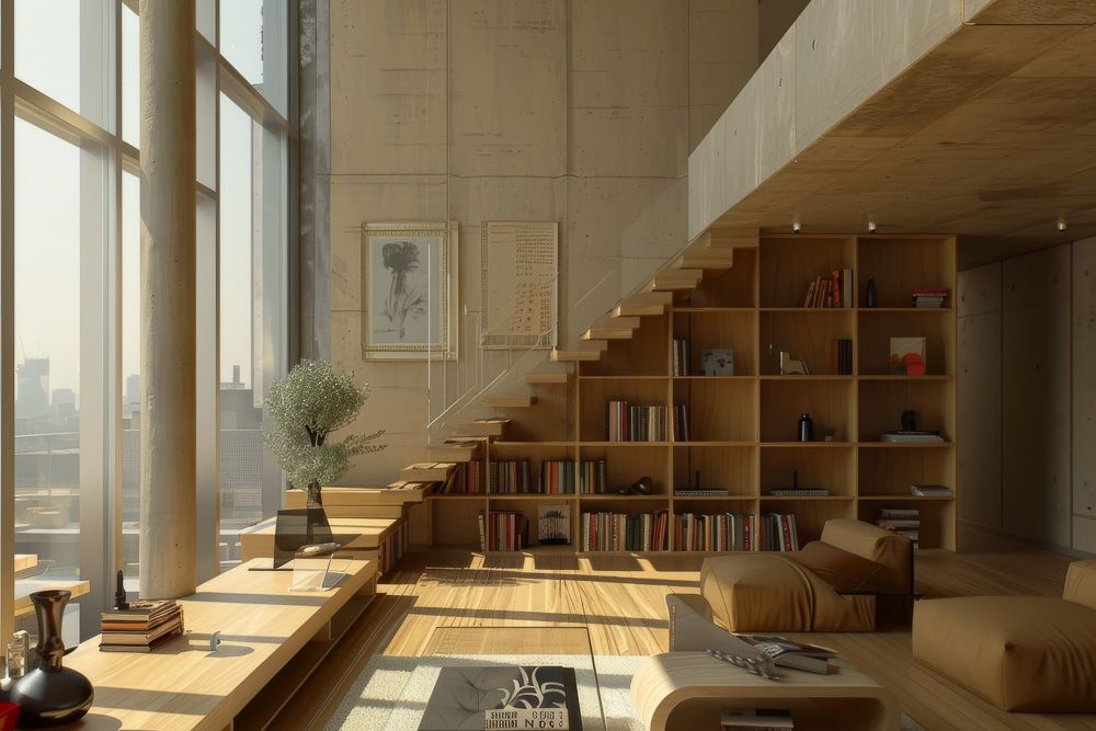 Duplex house staircase design with a built in bookcase