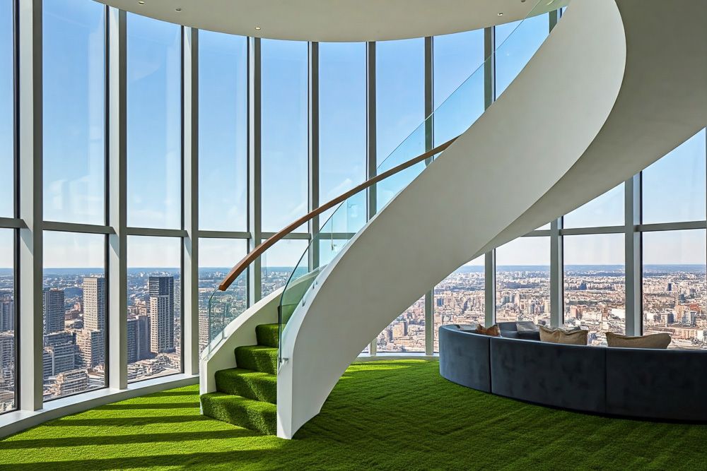 duplex house staircase with artificial Grass mat