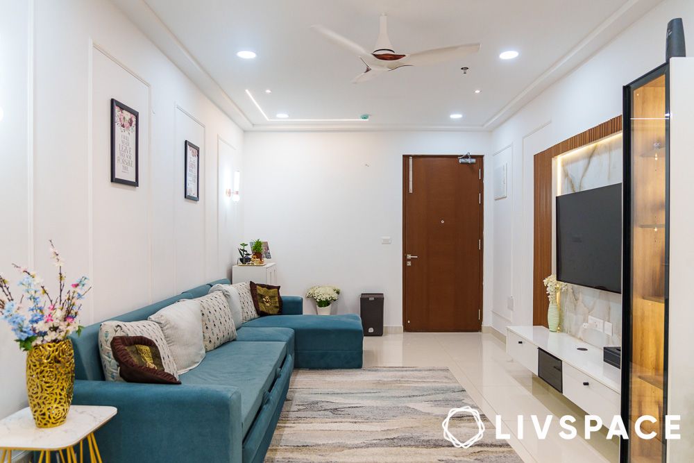Living room design in a 3BHK prestige tranquil apartent