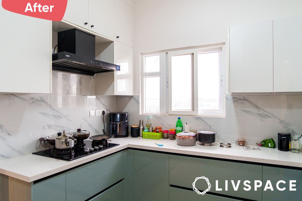 A bright kitchen in a prestige tranquility 3BHK apartment