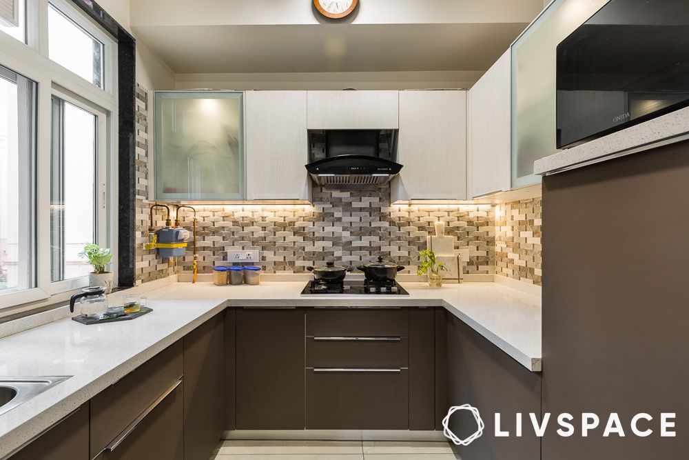 u shaped new kitchen designs with brown and white cabinets