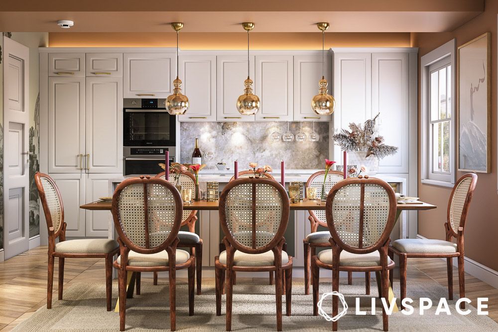 Contemporary kitchen and dining area design with rattan chairs