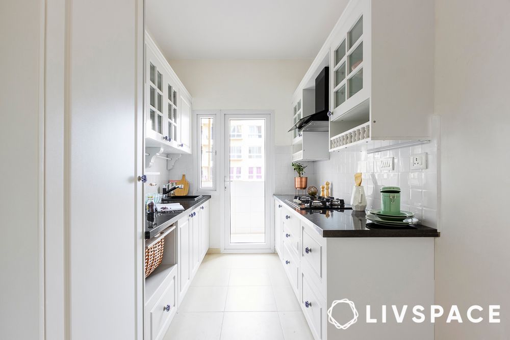 parallel white kitchen design with storage