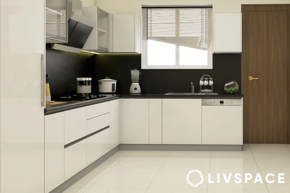 white kitchen design with black dado
