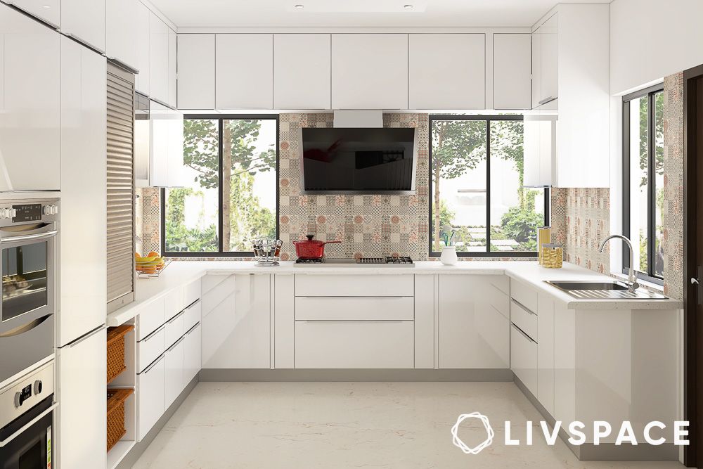 u shaped white kitchen design with storage