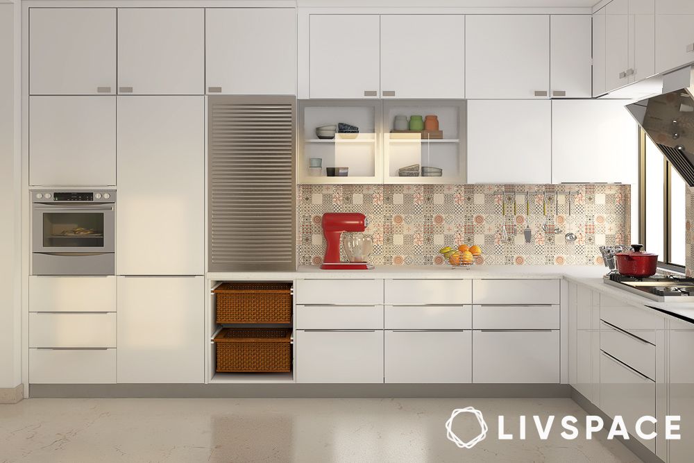 white kitchen design with backsplash and storage