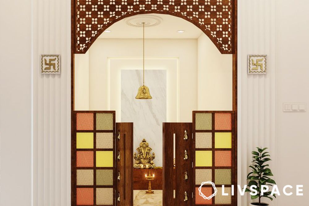 Mixed but simple pooja room door designs for home with stained glass and wood
