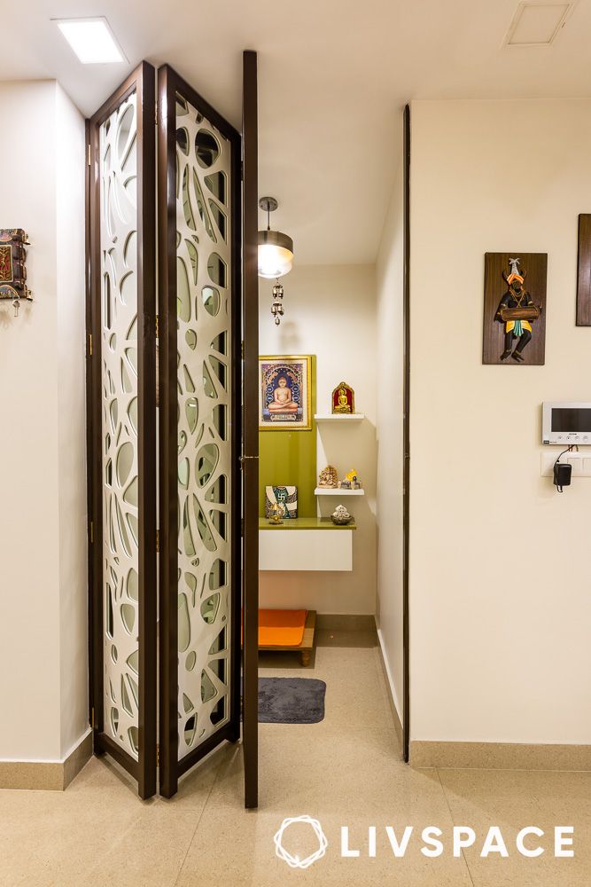 Bi fold door designs for space saving pooja rooms