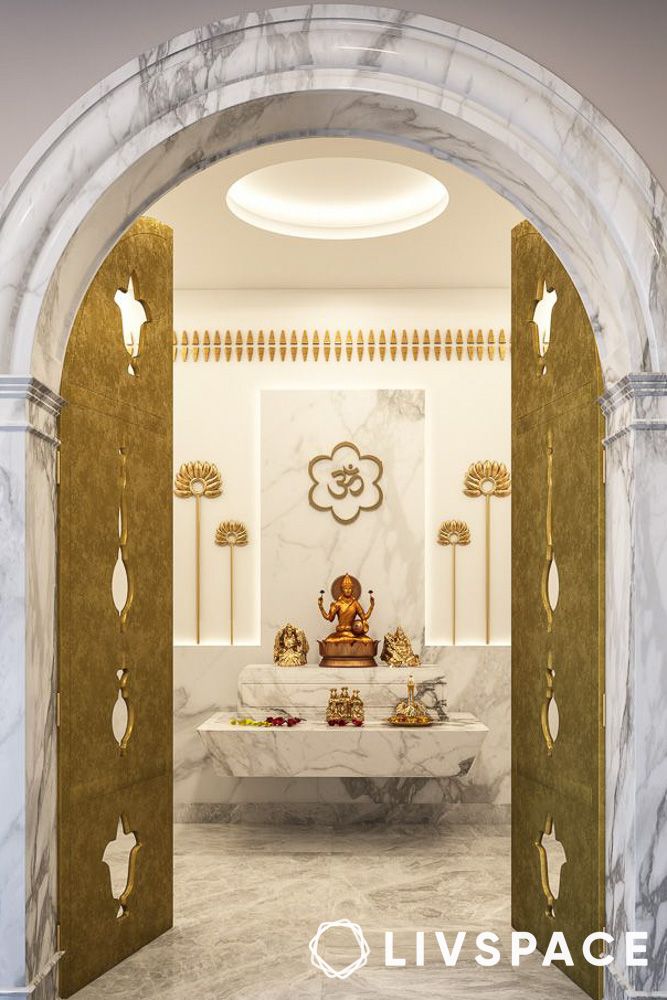 Brass pooja room door designs with marble arch