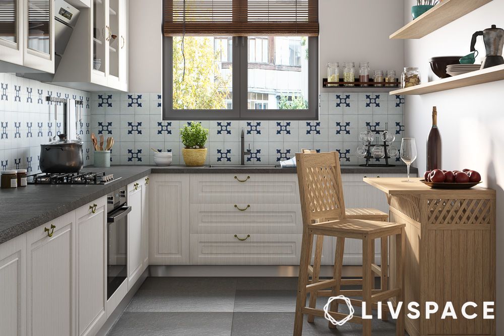 white and wood kitchen with breakfast bar seating