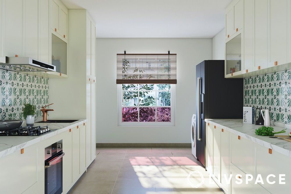 parallel white kitchen design with copper handles and printed dado