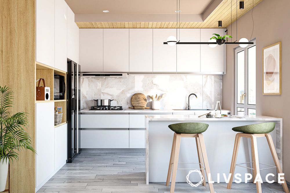 scandinavian style white kitchen design with breakfast bar and modern chairs