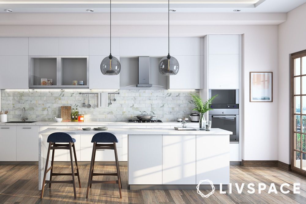 white modular kitchen with island breakfast counter