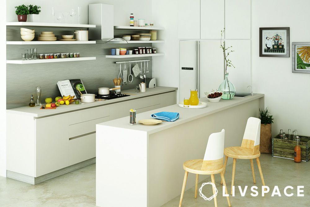 white modular kitchen design with parallel long breakfast counter