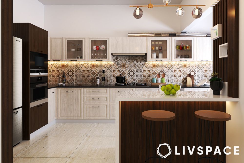 white kitchen design with wood island