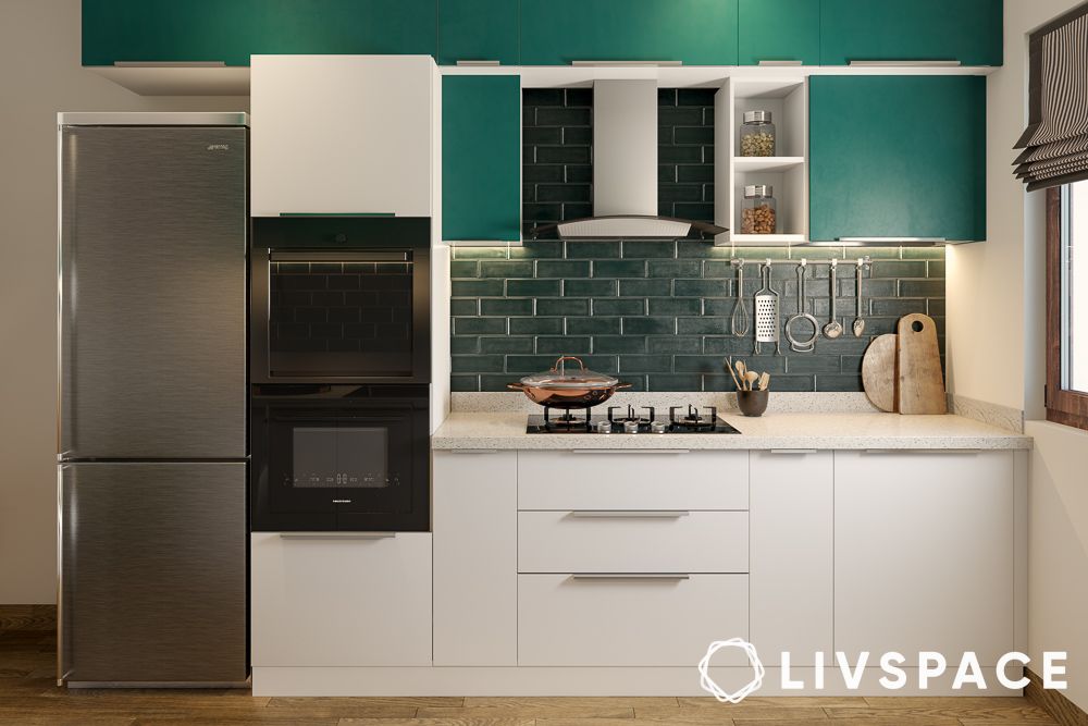 one wall kitchen with green upper cabinets white base
