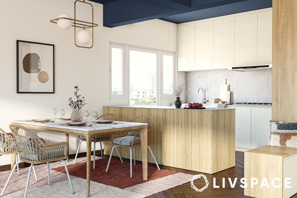 light wood white kitchen dining area