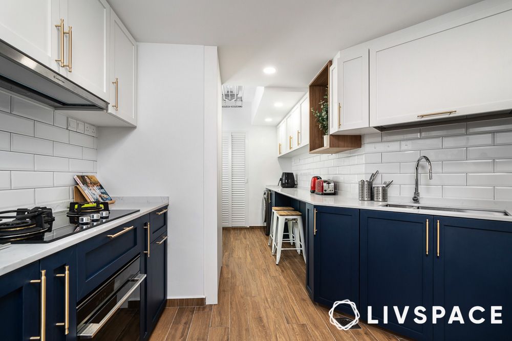 blue and white kitchen design gold handles