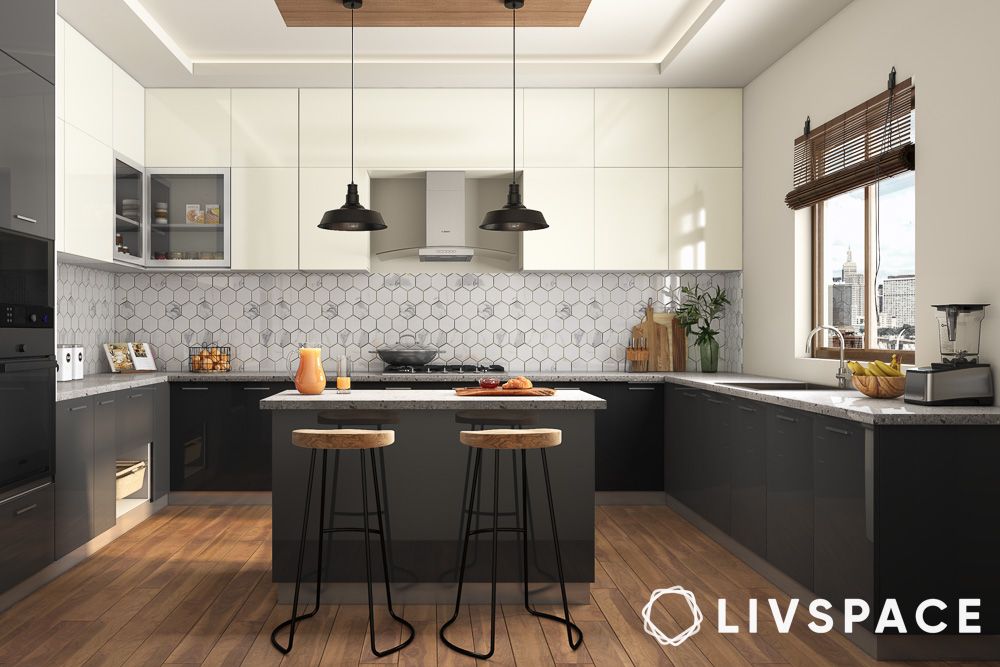 black and white cabinets with island wooden flooring