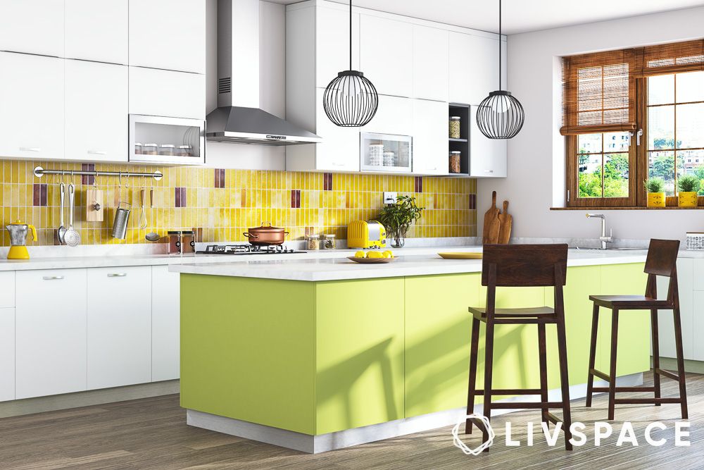 modular white kitchen with lime green island yellow backsplash
