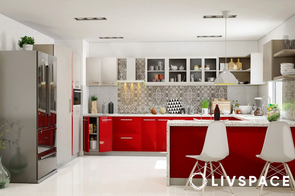 white kitchen design with red cabinets and peninsula