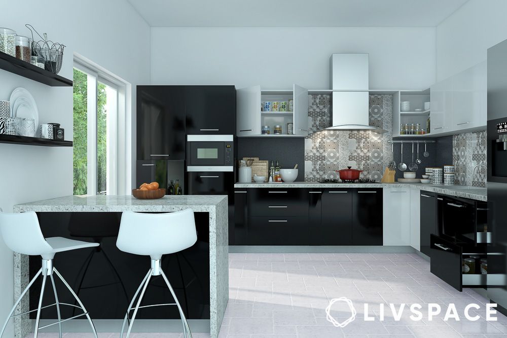peninsula black and white modular kitchen