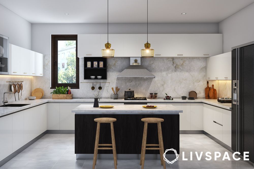 white kitchen ideas with black island and lighting