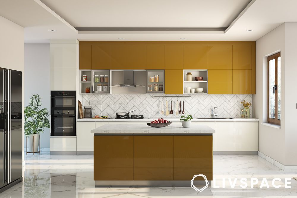 modular kitchen design yellow white island
