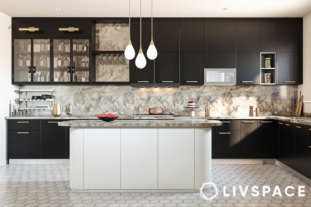 island modern white kitchen with black cabinets pendant lights