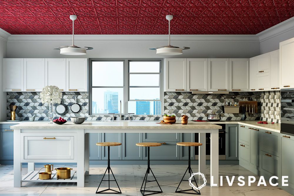 red ceiling grey white kitchen design