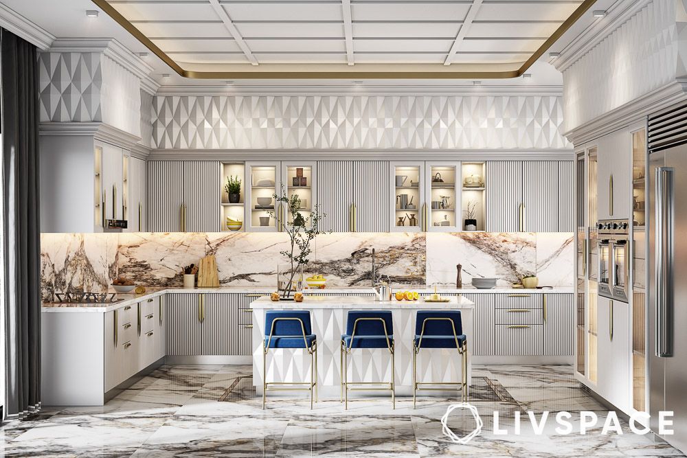 textured grey luxury kitchen with pop of blue