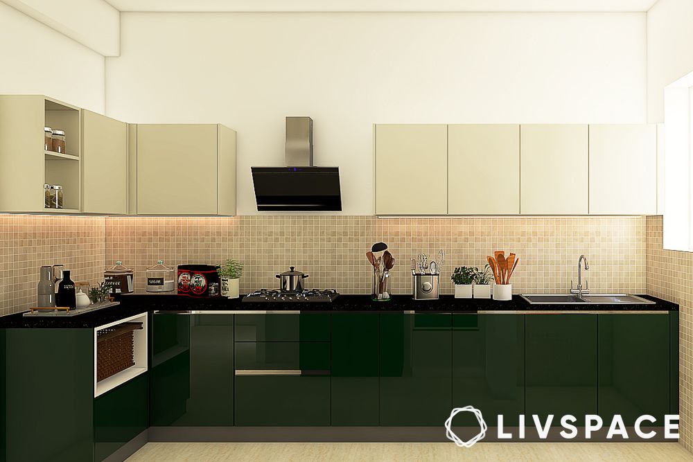 glossy green and white kitchen design
