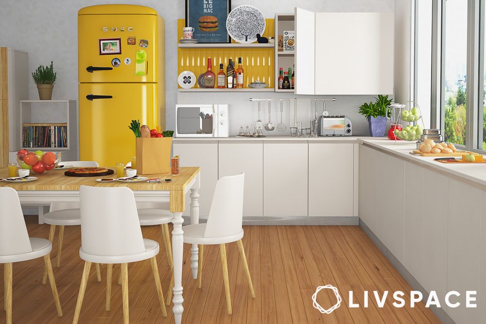 yellow fridge white kitchen