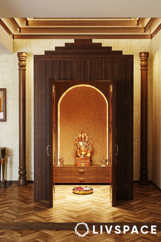 traditional pooja unit design with crescent acacia unit