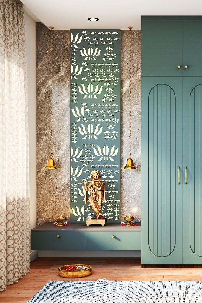 contemporary wall mounted small pooja room designs in apartments with drawers