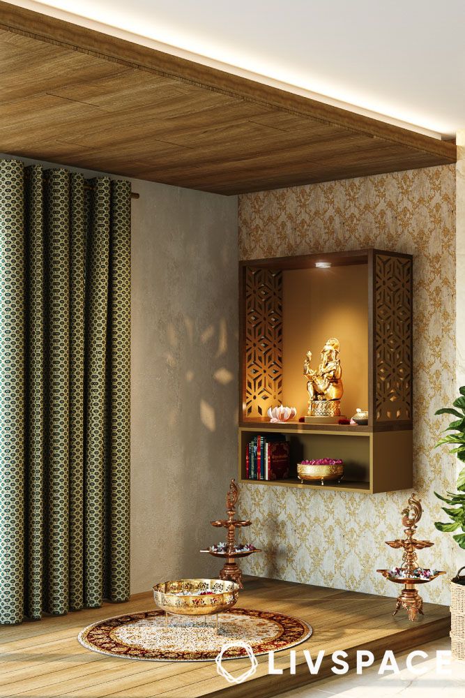 walnut bronze and nomadic gold contemporary pooja unit design