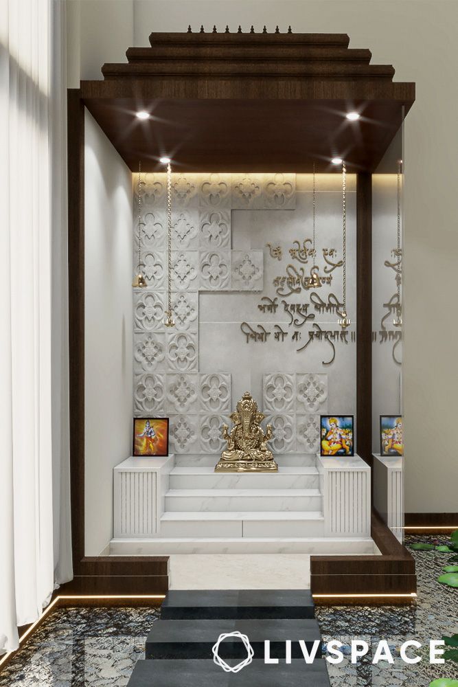 traditional dark wood and marble mandir design with 3D white wall