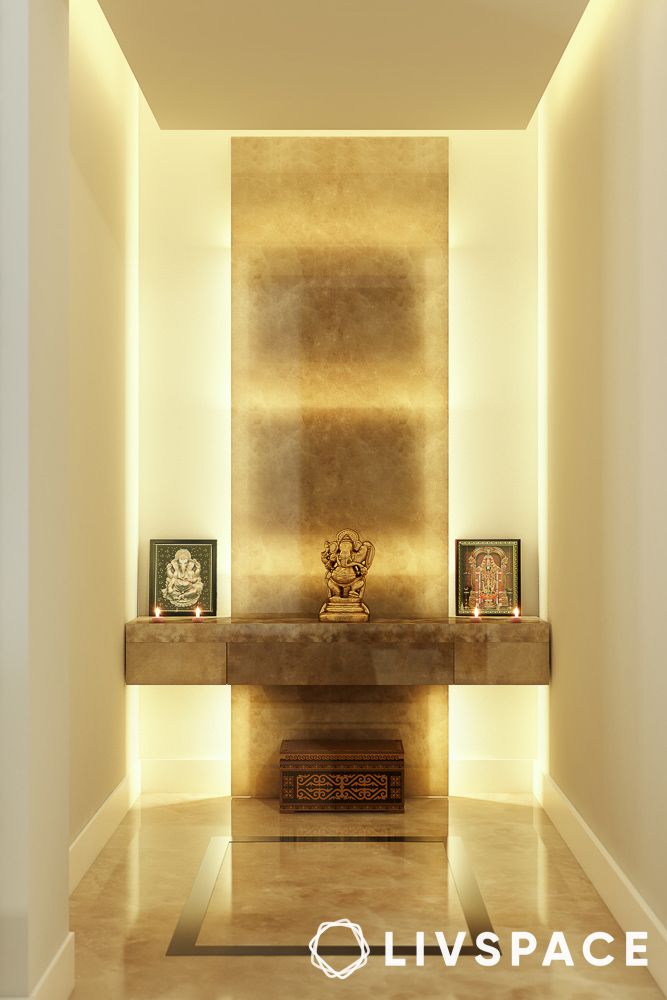 contemporary beige pooja room design with marble wall tile and lights
