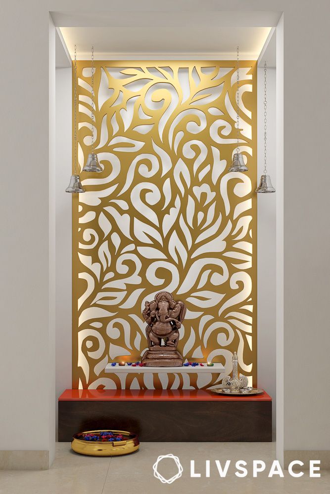 contemporary floor mounted mandir unit in dark brown and gold