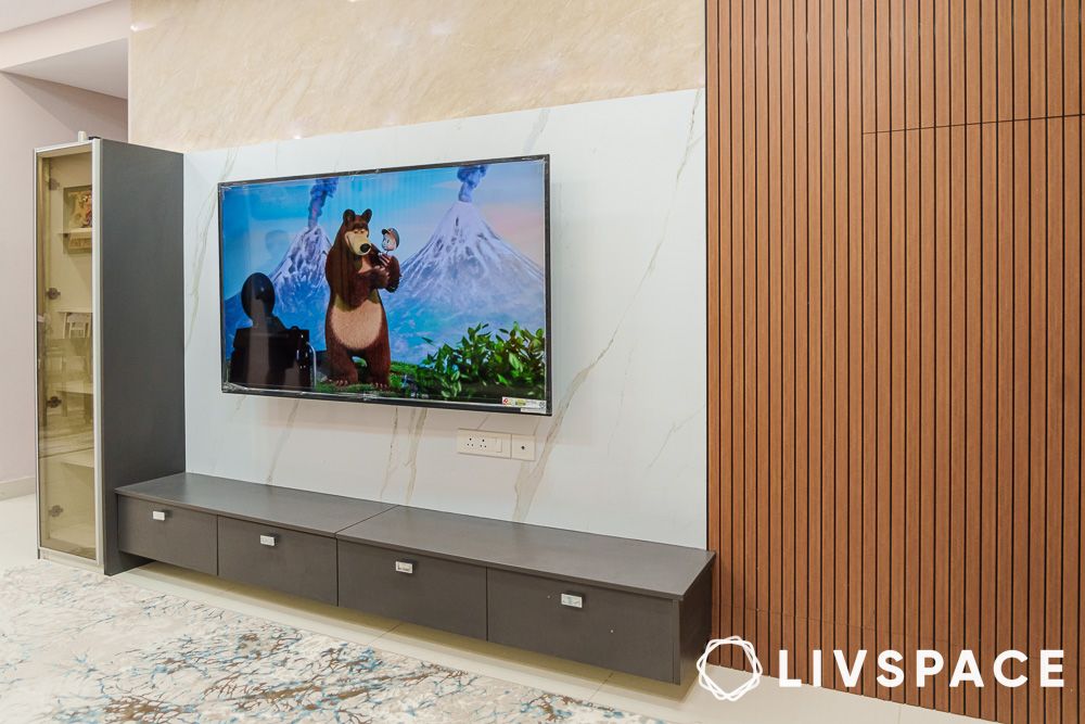 Floating TV unit design with glass display case