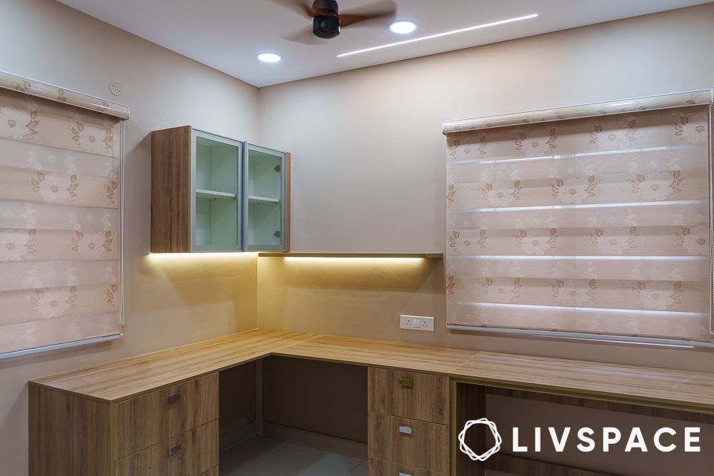 Unfurnished brown L shaped home office table