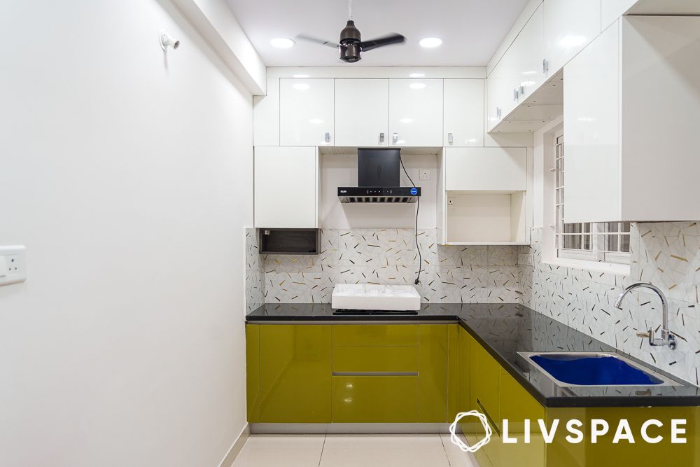 Blue black and white kitchen design