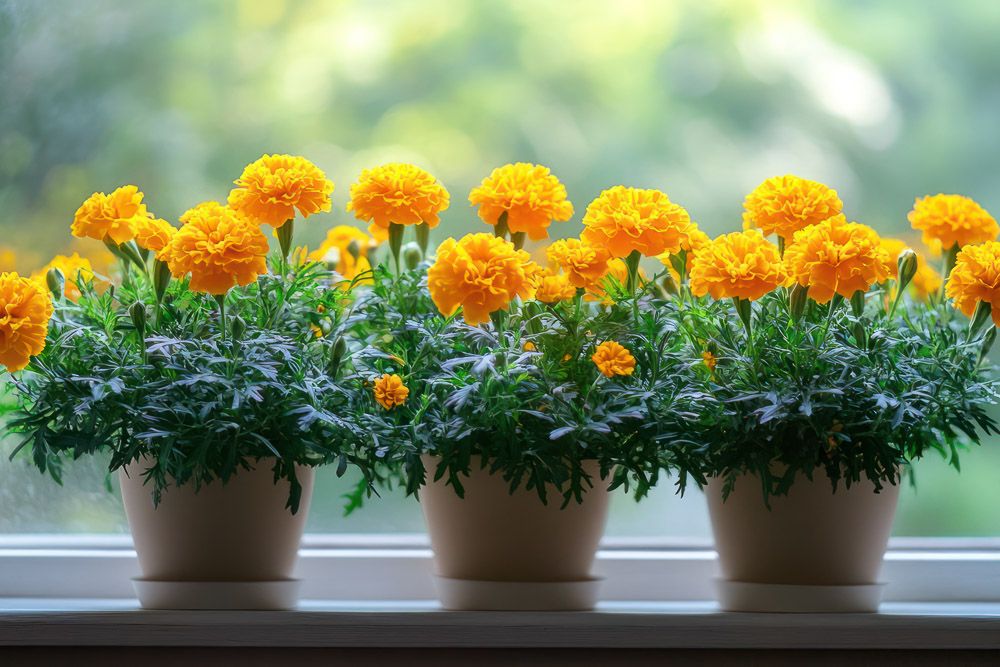vastu shastra for marigold plants Three potted yellow marigolds with green leaves on a windowsill.